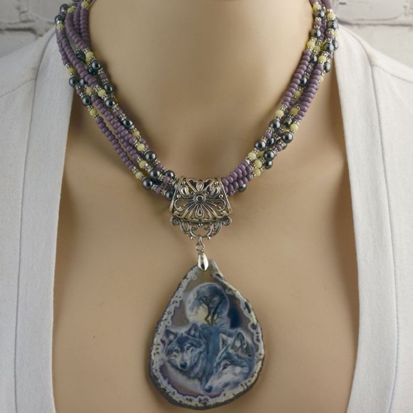BG Designs Jewelry - Mystique Wolf Agate Geode Necklace Earring Set